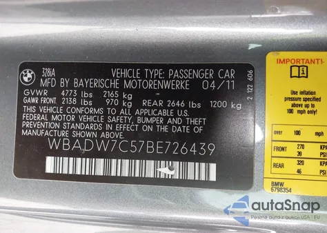 2011 BMW 328 from USA, damaged, VIN WBADW7C57BE726439